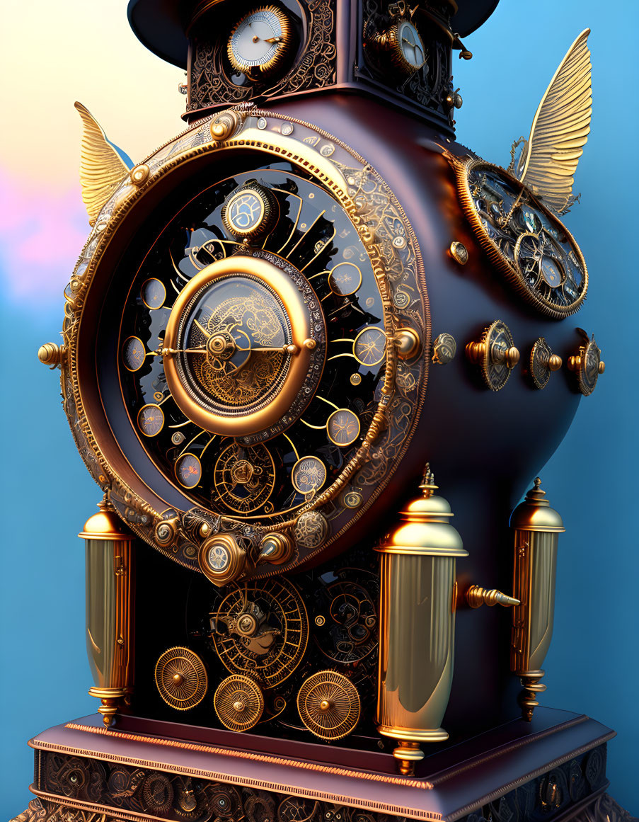 Intricate Steampunk Clock with Gears and Winged Embellishments