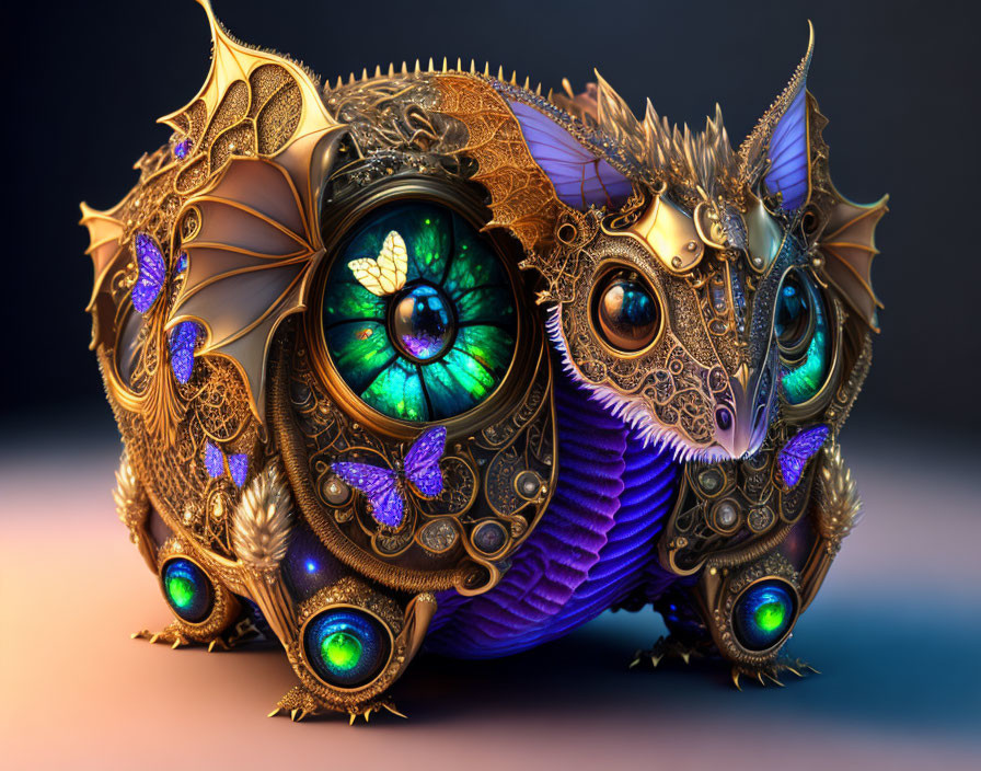 Steampunk-inspired metallic creature with glowing green eyes and butterfly motifs