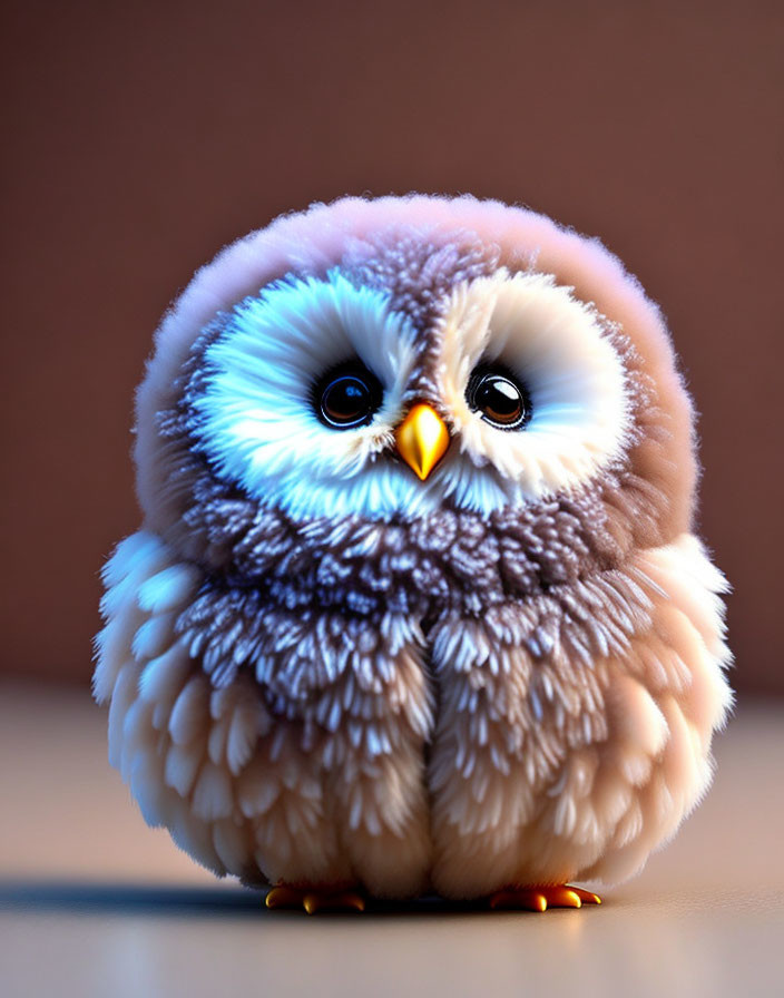 Fluffy animated owl with large eyes on brown background