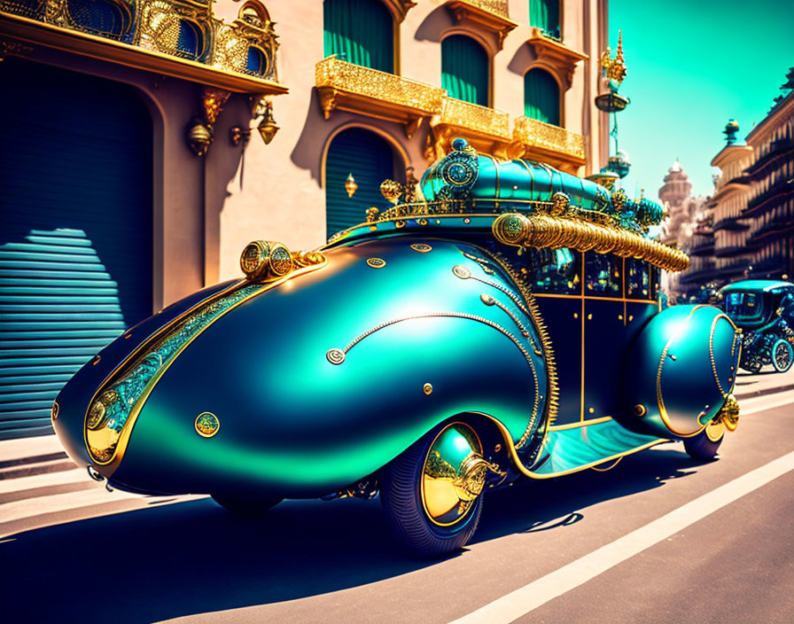 Futuristic blue and gold car with elaborate designs on city street