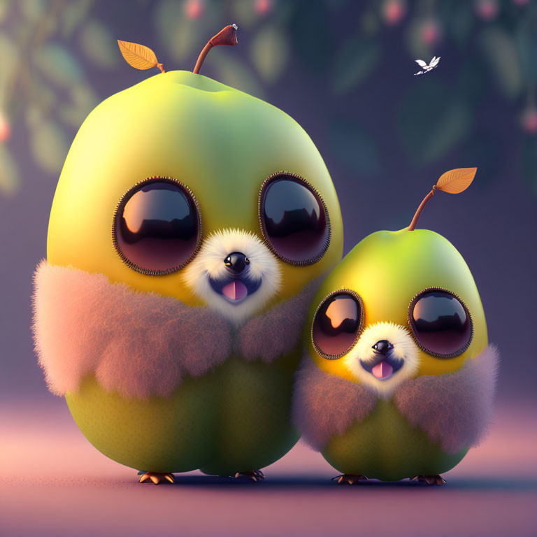 Stylized pear and owl characters with large eyes on tree background