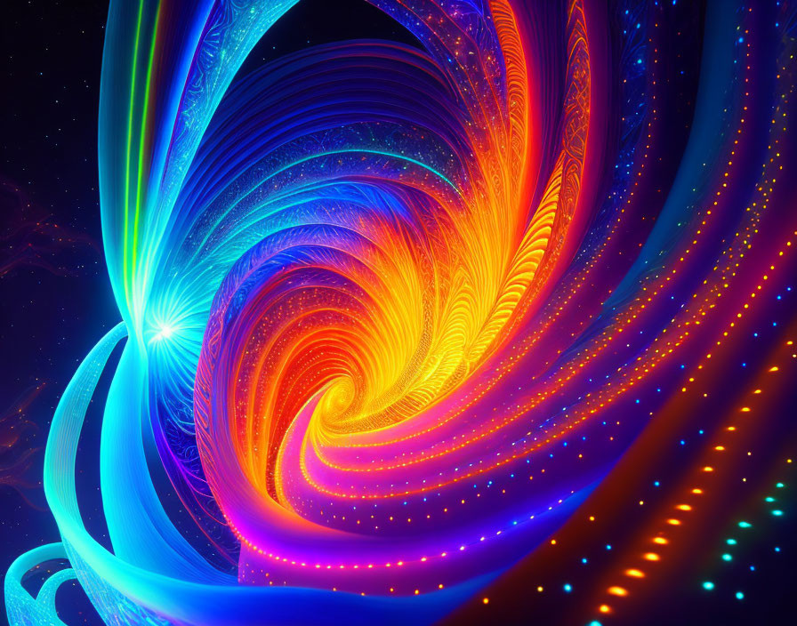 Colorful swirling vortex of neon blues, oranges, and purples with glittering dots