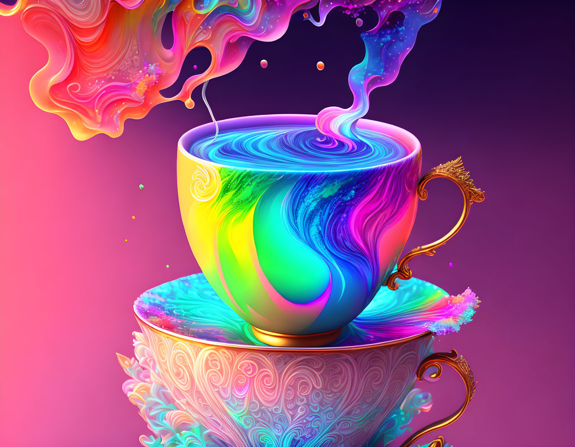 Colorful liquid swirling from ornate cup on vibrant background