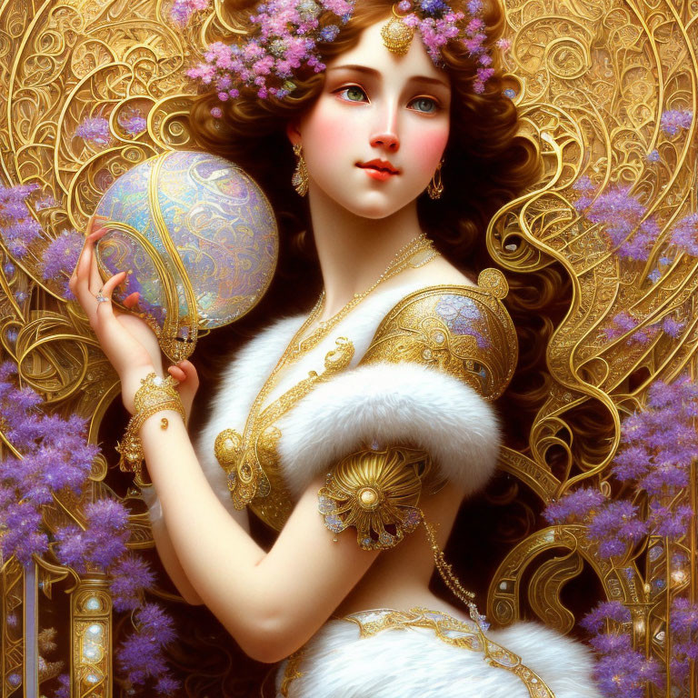 Illustration of woman with blue eyes and purple flower hair, holding ornate blue and gold egg in