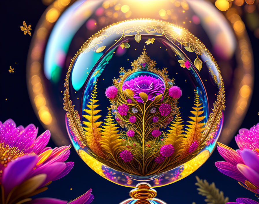 Detailed illustration of crystal ball with golden tree in starry night sky