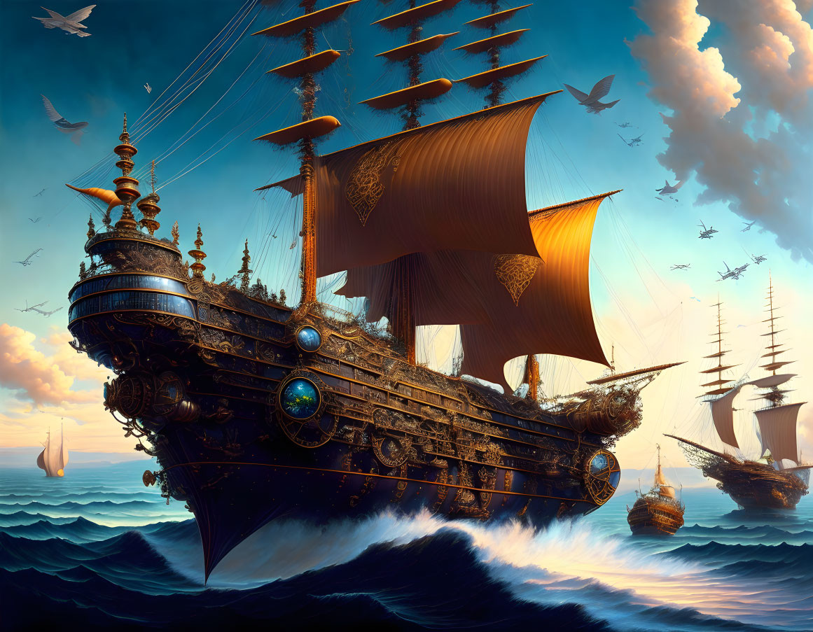 Golden-trimmed sailing ship at twilight with fleet, birds, and airships in the sky