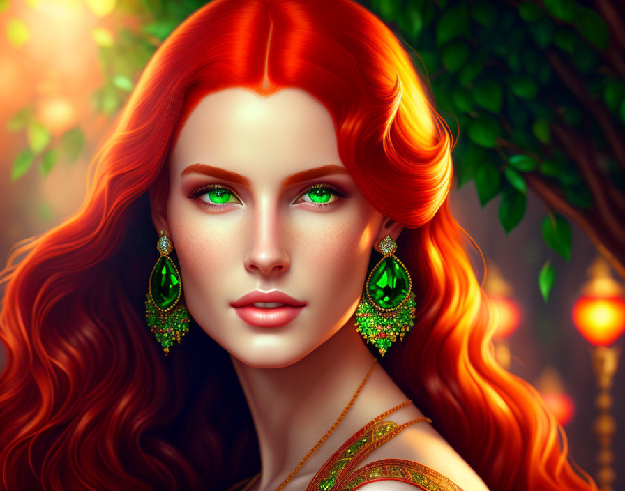 Vibrant red-haired woman with green eyes and earrings on warm backdrop