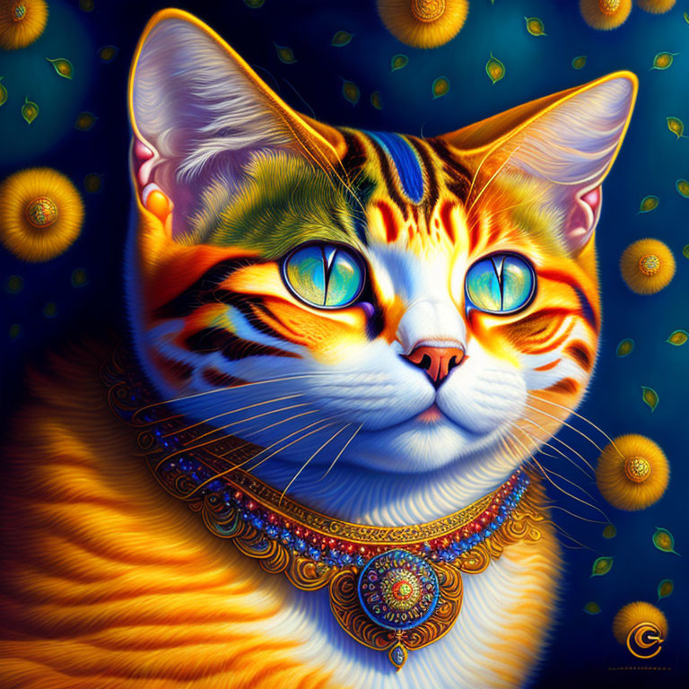 Colorful stylized cat portrait with vibrant blue eyes and intricate fur patterns on blue background.