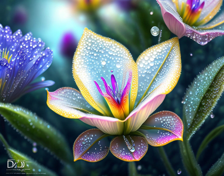 Colorful digital artwork: Dew-covered flowers in blue and yellow hues.