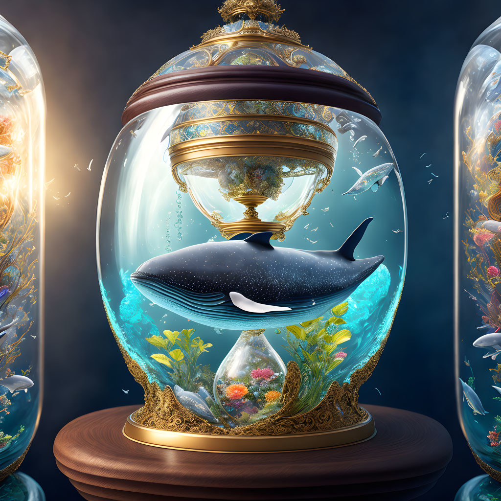 Whale in glass terrarium with foliage and fish on dark background