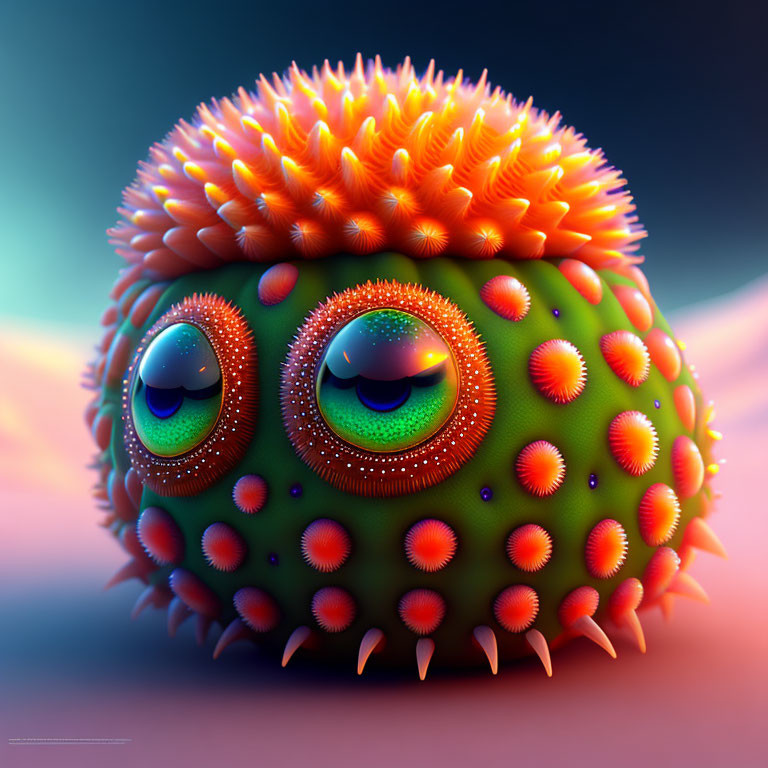 Colorful Fluffy Creature with Orange Spikes and Expressive Eyes