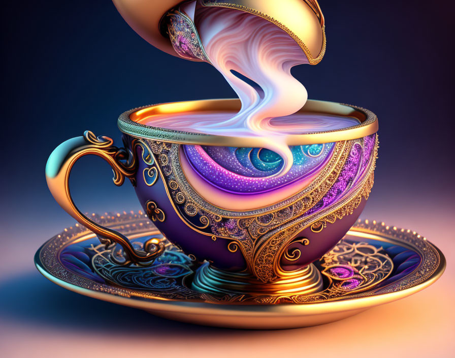 Golden Cup with Steaming Liquid on Blue and Purple Background