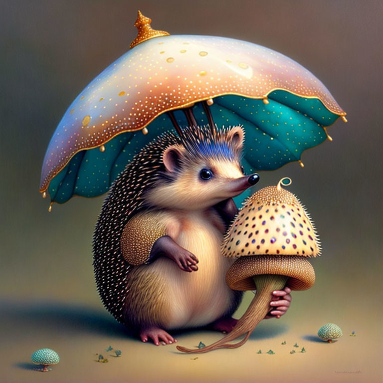 Illustration of hedgehog with mushroom umbrella under large cap