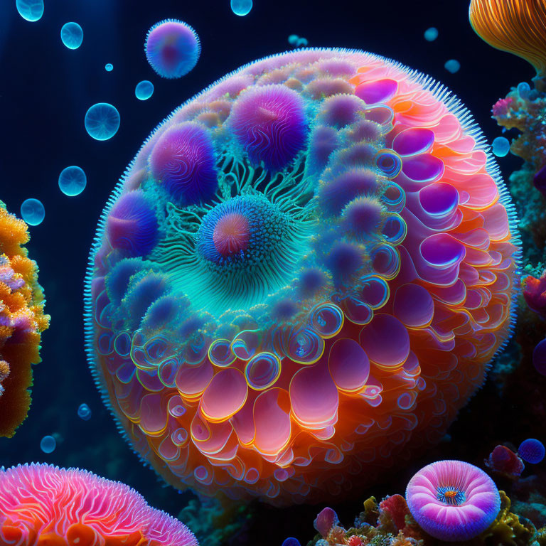 Colorful Jellyfish Surrounded by Bubbles and Coral in Marine Scene