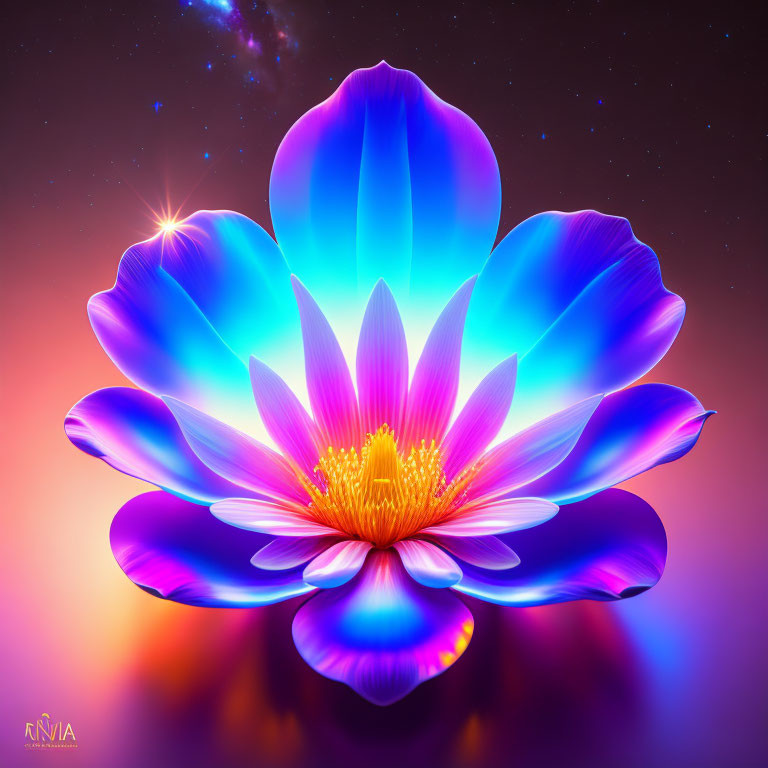 Neon-lit lotus flower artwork with cosmic background