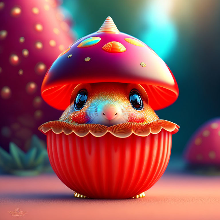 Vibrant whimsical mushroom creature with glossy cap and sparkly eyes