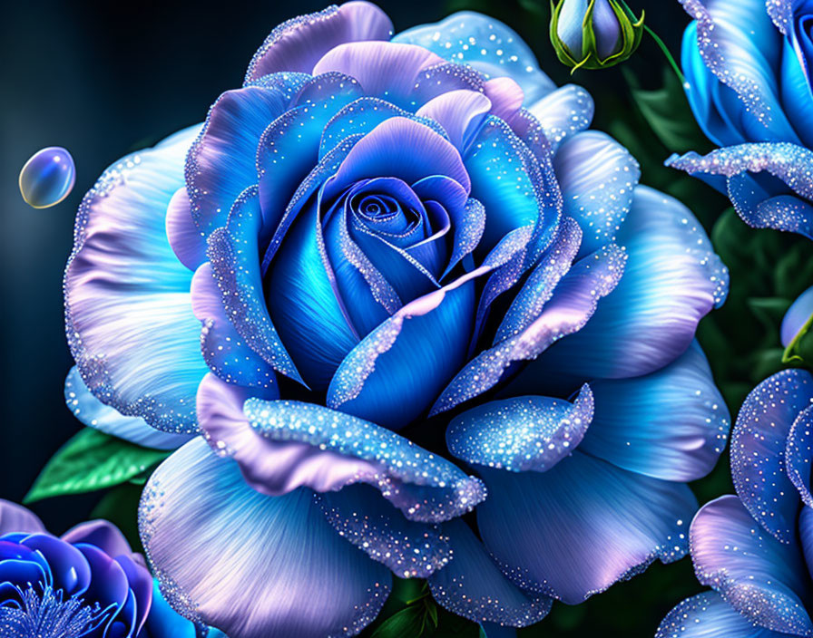 Digitally enhanced blue rose with dewdrops on dark background among flowers and buds