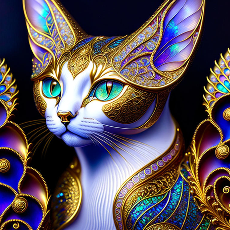 Stylized majestic cat digital artwork with gold and blue patterns