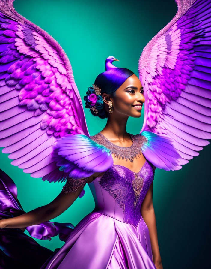 Woman in Purple Dress with Vibrant Pink Wings on Teal Background