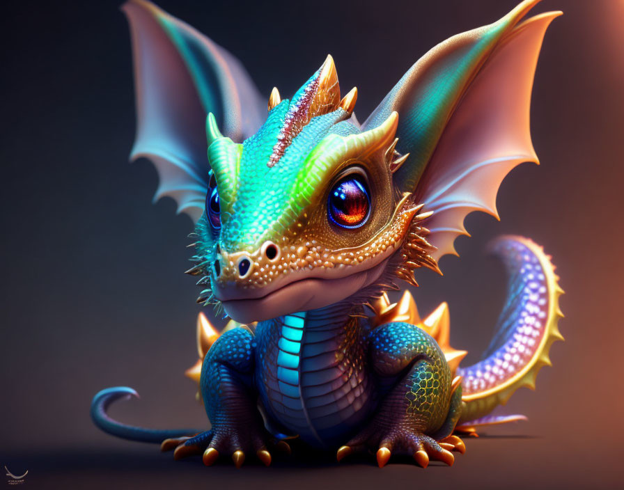 Vibrant digital illustration of a cute dragon in blues, greens, and oranges