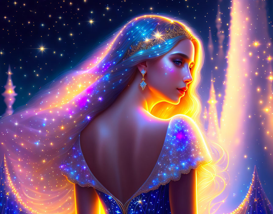 Illustrated woman with glowing hair and dress in celestial setting