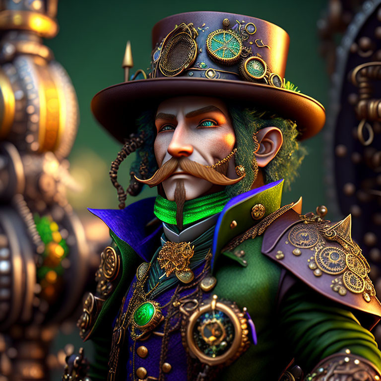 Steampunk character with green top hat, mustache, and blue neckwear surrounded by mechanical details