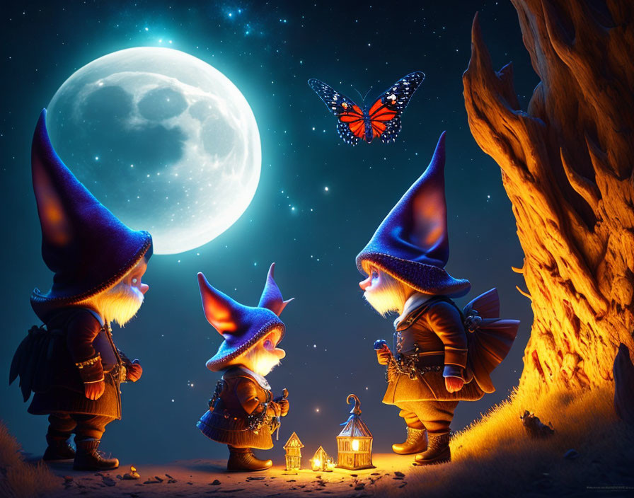 Whimsical gnomes with lanterns and glowing butterfly under full moon