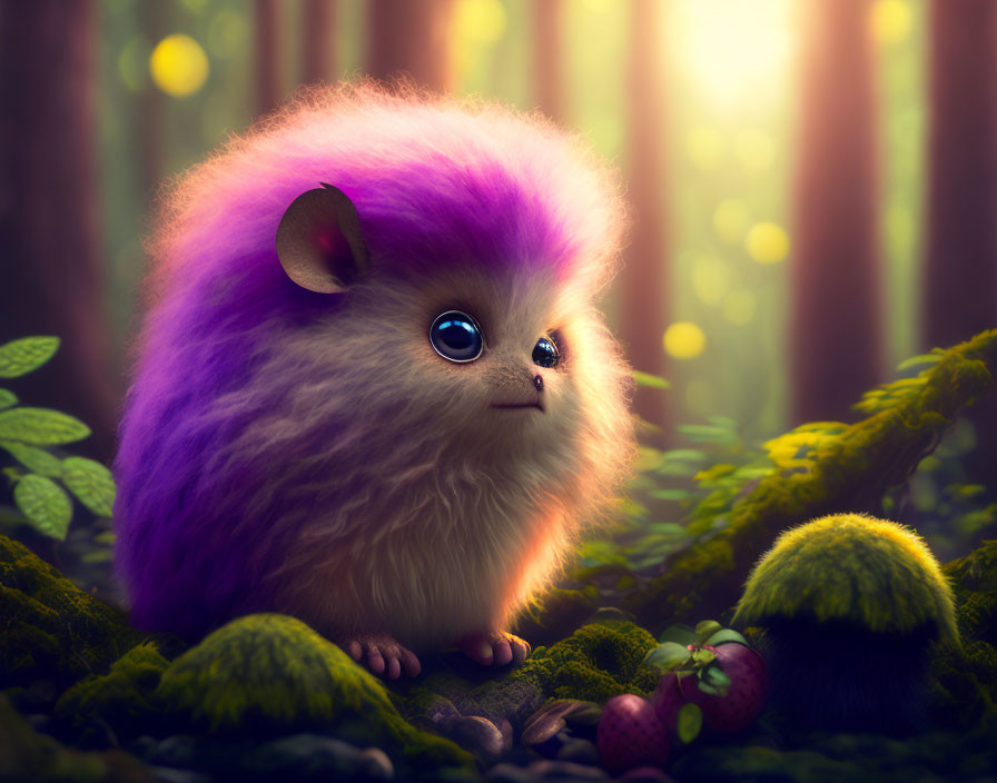 Fluffy Purple Creature in Forest Setting with Berries and Stones