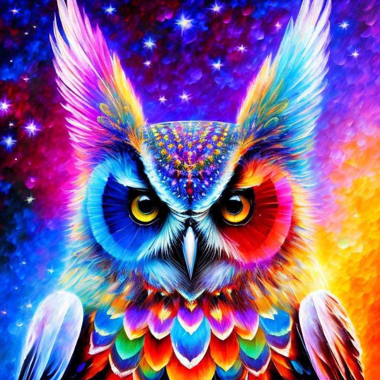 Colorful Owl Artwork with Hypnotic Eyes on Cosmic Background