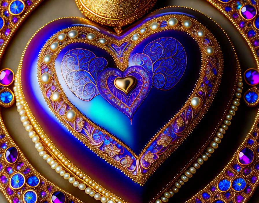 Layered Hearts Digital Artwork with Ornate Patterns and Gemstones