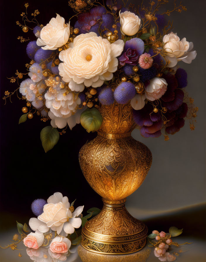 Creamy White and Deep Purple Flowers in Golden Ornate Vase