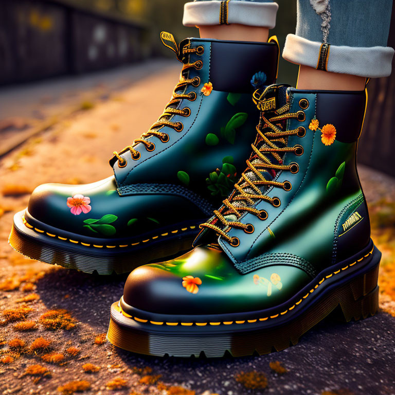 Green Floral-Patterned Boots with Yellow Laces on Fall Path at Sunset