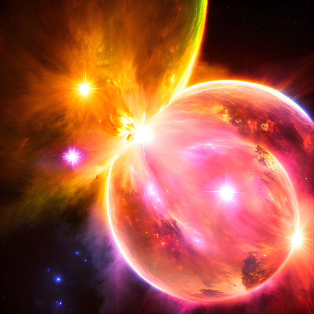 Colorful celestial scene with radiant planet and bright stars