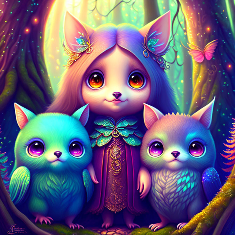 Colorful Creatures with Big Eyes and Pointed Ears in Enchanting Forest