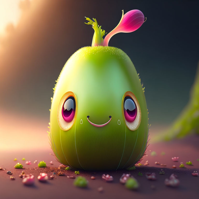 Green sprout character with large eyes and flower, in warm light