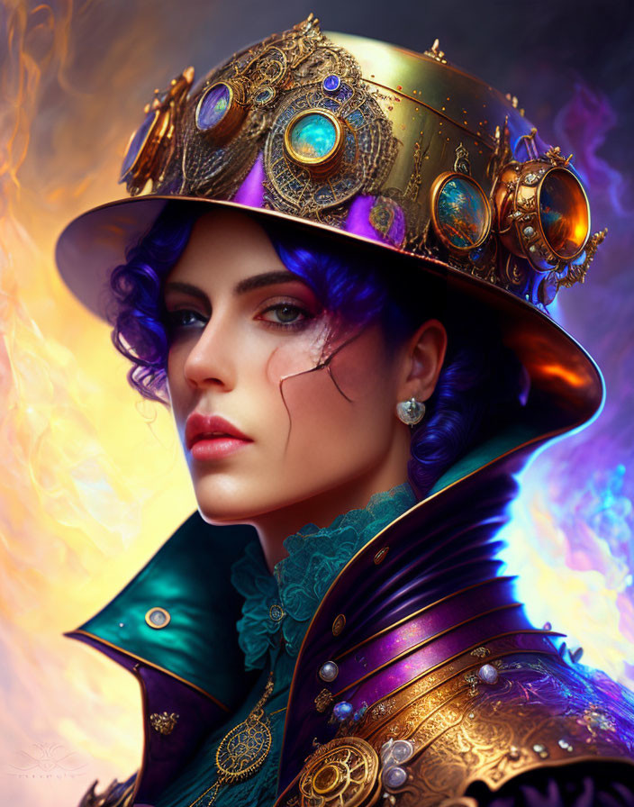 Woman with Blue Eyes in Steampunk Hat & Jacket