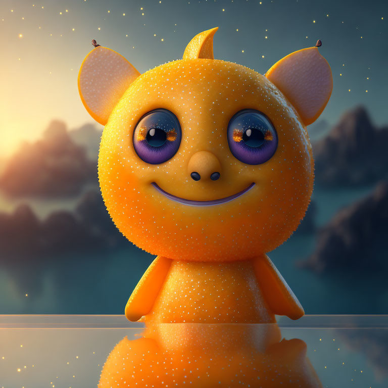 Orange animated creature with purple eyes against mountain backdrop