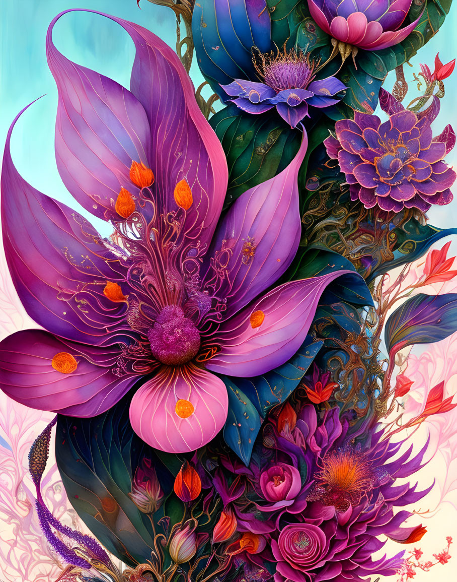 Colorful Stylized Flower Artwork in Purple, Blue, and Pink