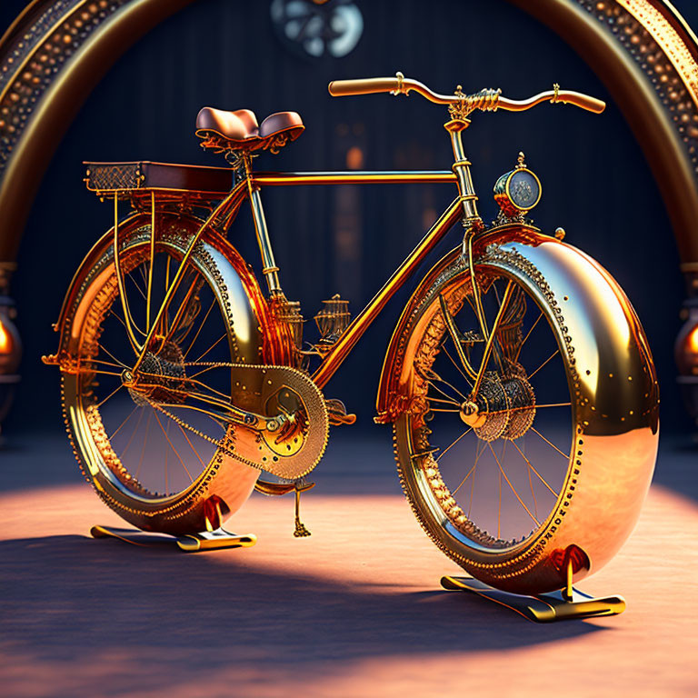 Detailed Vintage Golden Bicycle on Wooden Floor with Ornate Elements