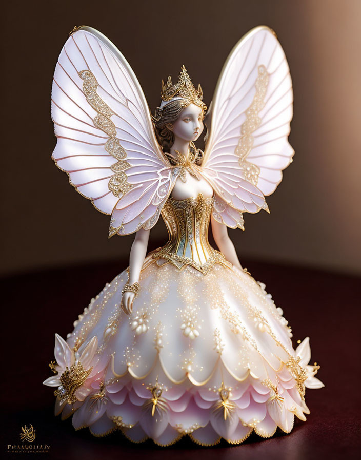 Fairy figurine with translucent wings, gold accents, and floral gown