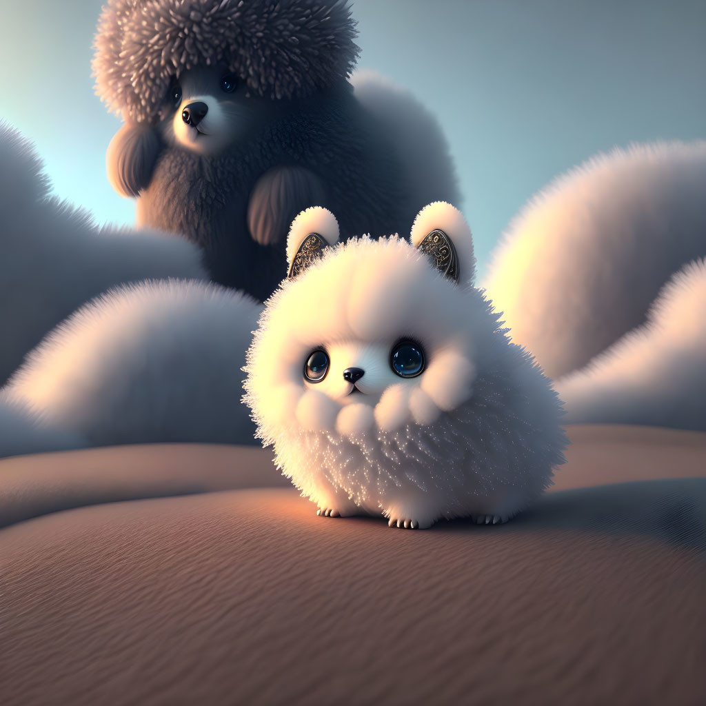 Fluffy Cartoon-Like Creatures Sitting on Softly Lit Surface