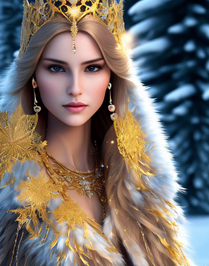 Blond-haired woman in gold crown and fur cloak in snowy forest