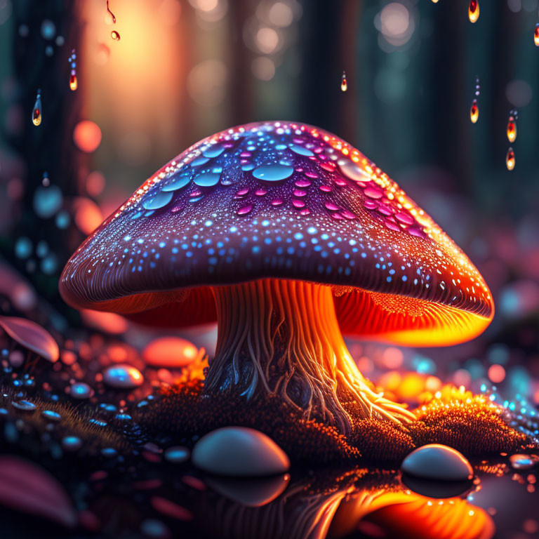 Colorful Dew-Covered Mushroom in Fantasy Forest