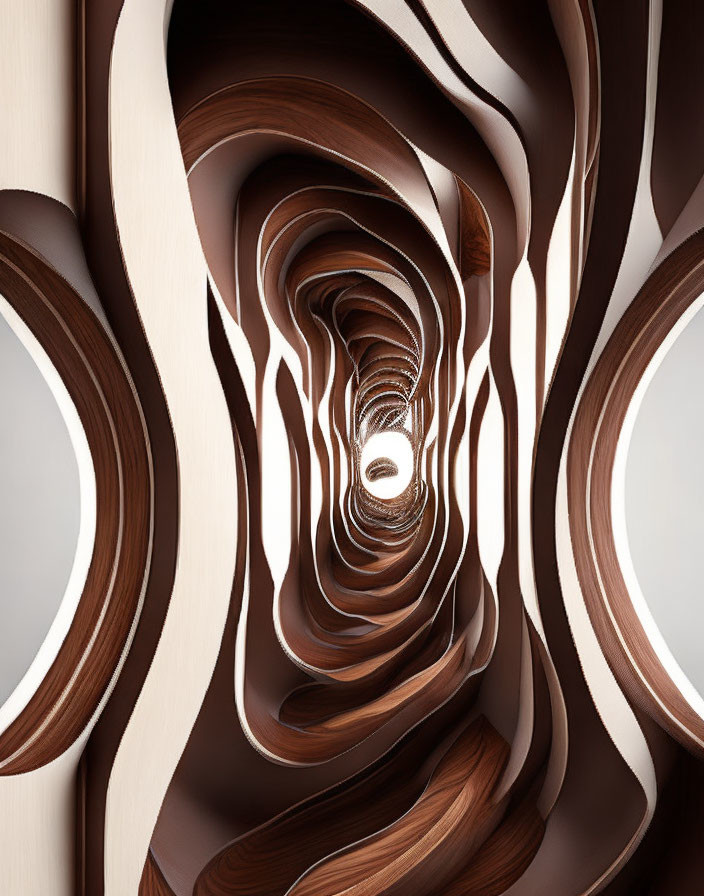 Swirling layered wooden tunnel with infinite loop effect