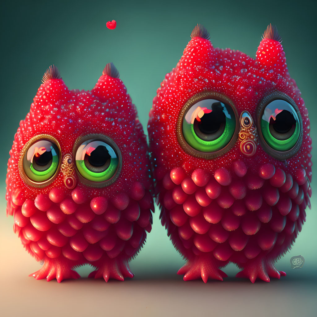 Stylized red owls with green eyes and heart-shaped faces, one catching an apple.