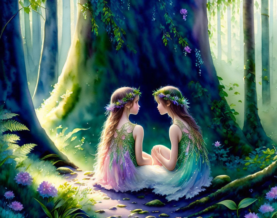 Two fairy-like girls with flower crowns in a mystical forest with filtered light.