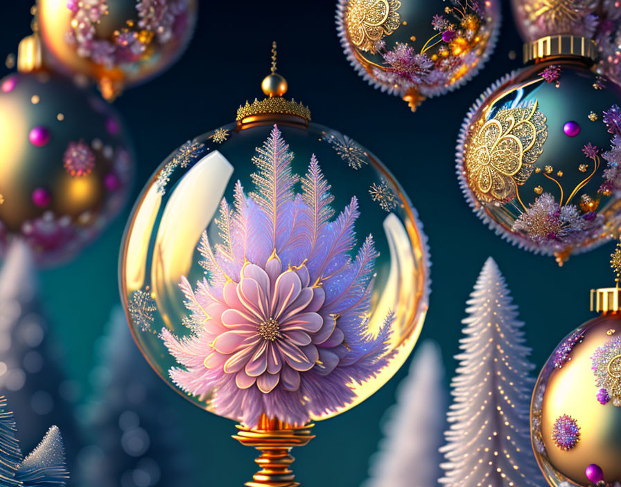 Detailed 3D Christmas baubles with snowflake and floral patterns on festive background