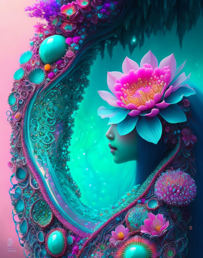 Vibrant digital artwork: woman with blue hair and pink flower in ornate mirror