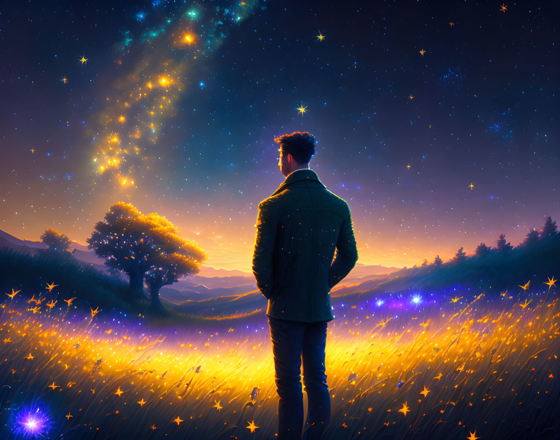 Man admires cosmic display in starlit field at twilight