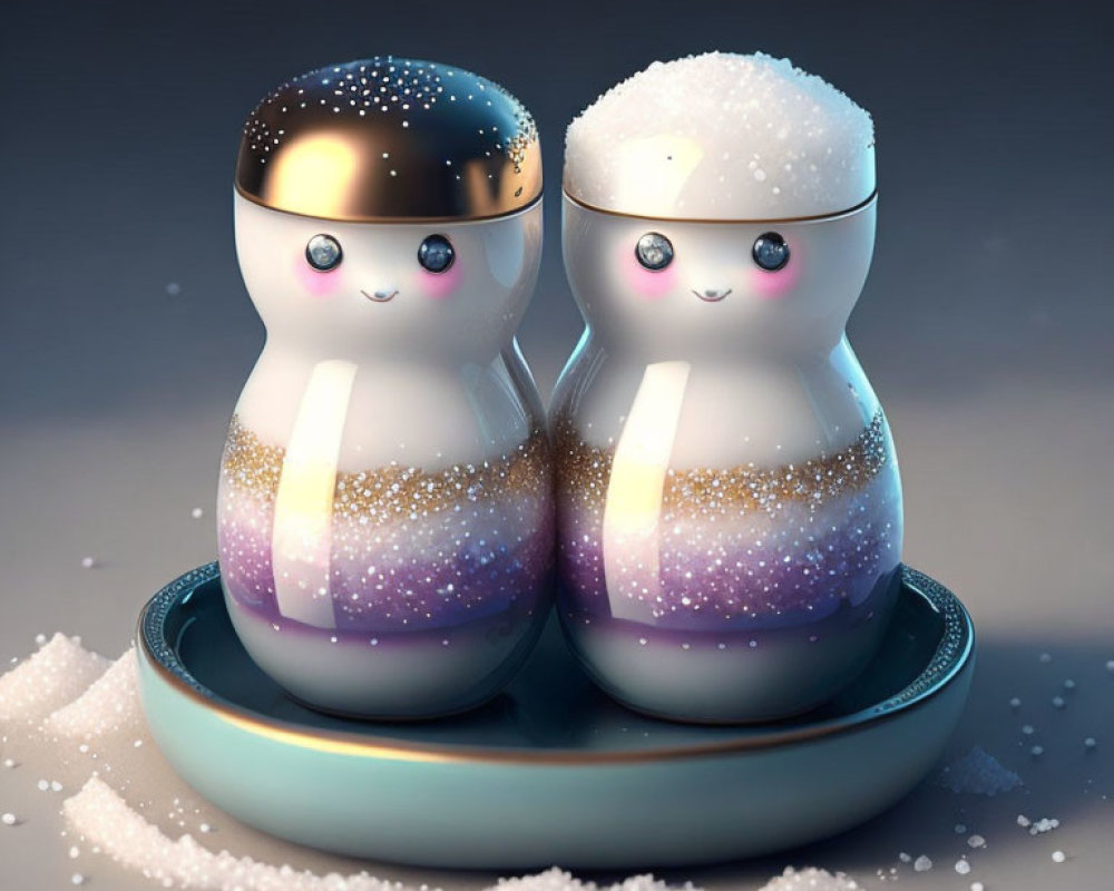 Miniature Snowman Salt and Pepper Shakers on Blue Tray